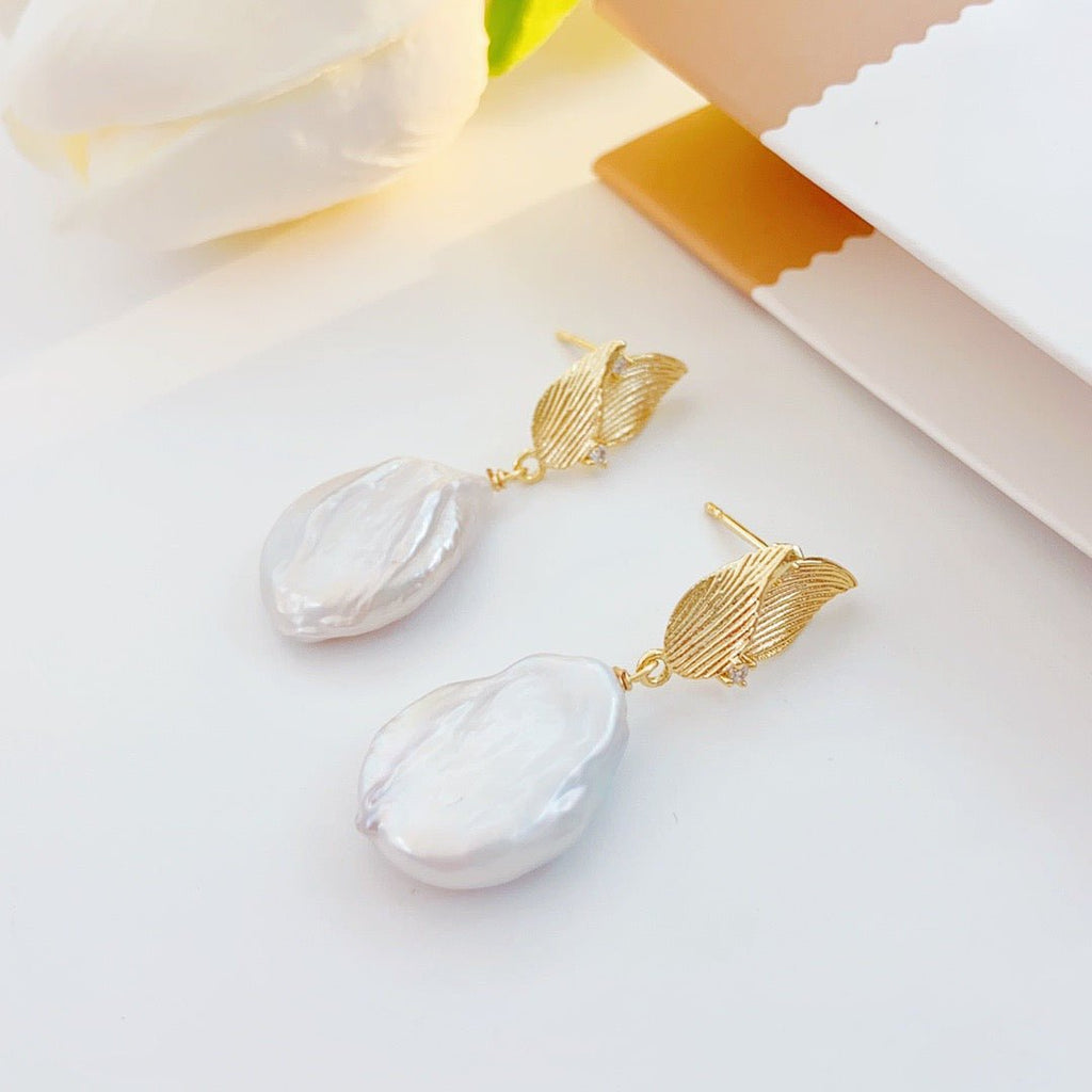 Falling Leaves Baroque Pearl Stud Earrings - NaNaMaLa Boutique