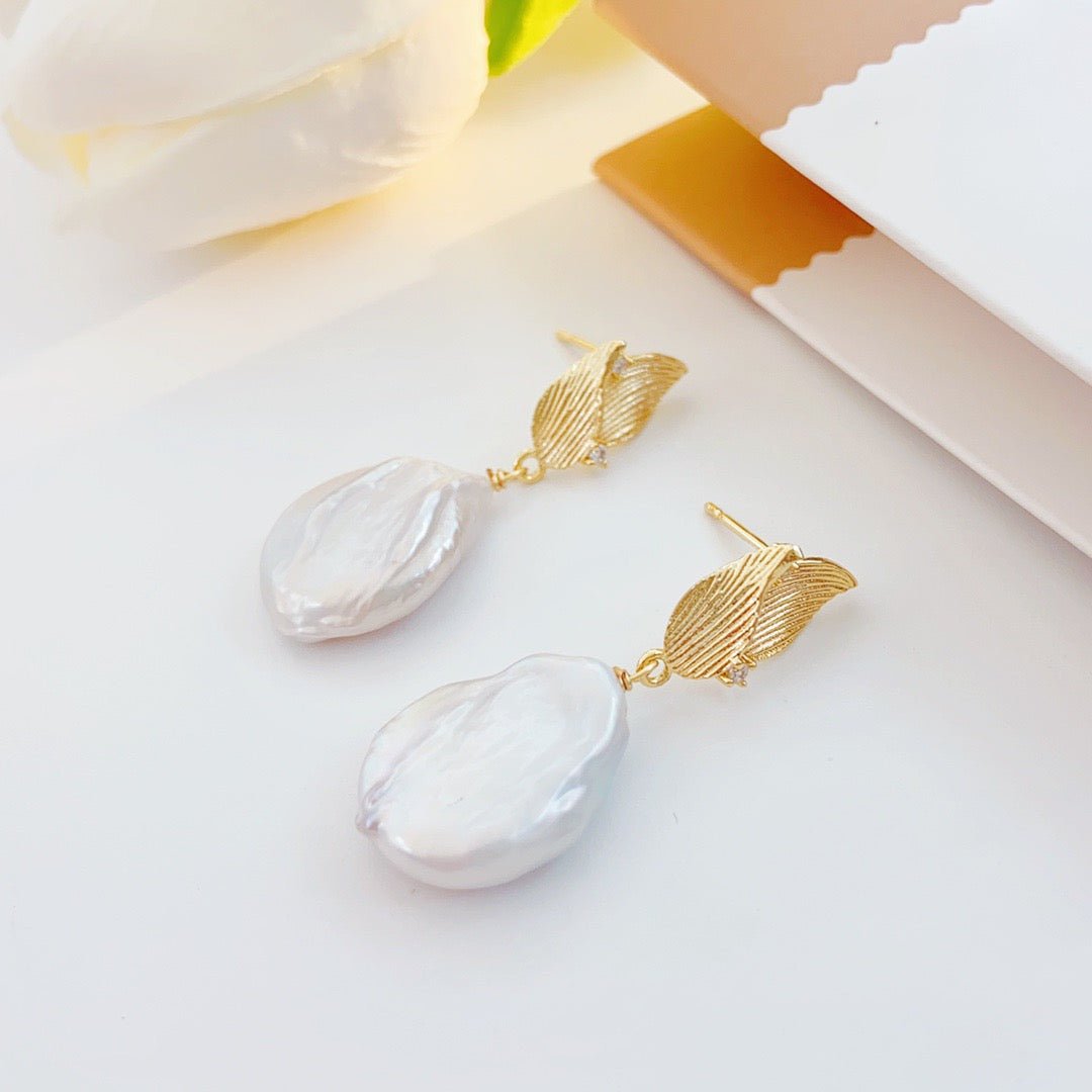 Falling Leaves Baroque Pearl Stud Earrings - NaNaMaLa Boutique