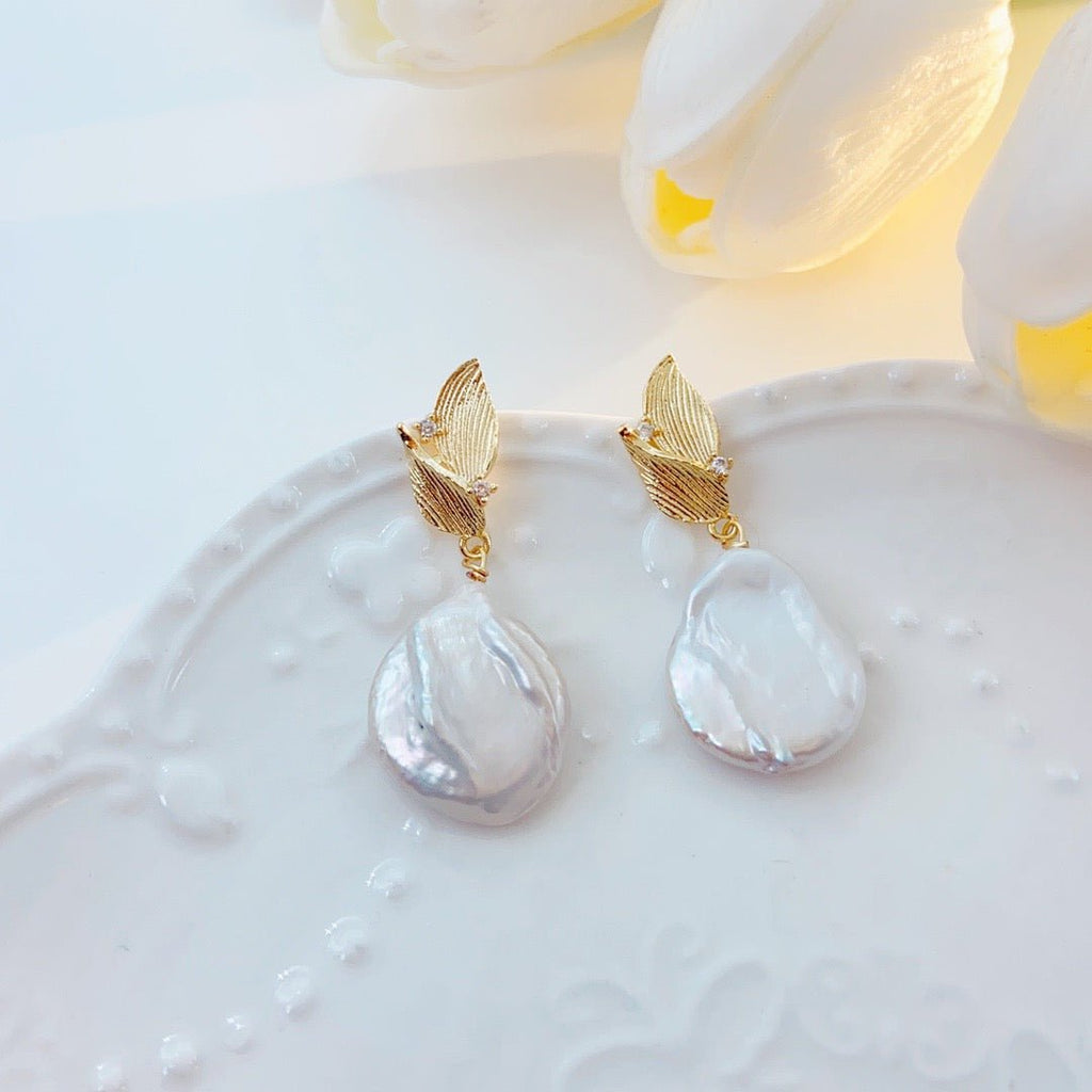 Falling Leaves Baroque Pearl Stud Earrings - NaNaMaLa Boutique