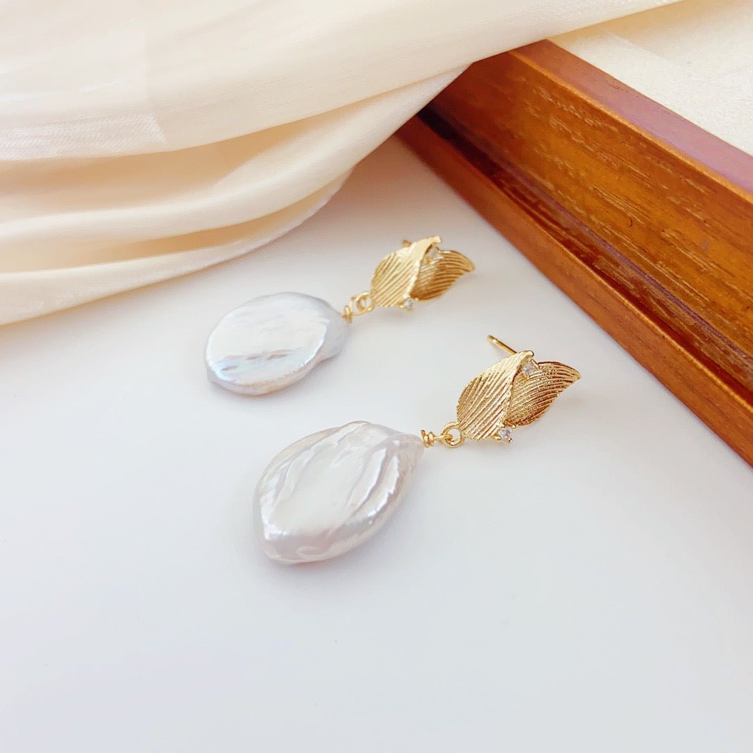 Falling Leaves Baroque Pearl Stud Earrings - NaNaMaLa Boutique