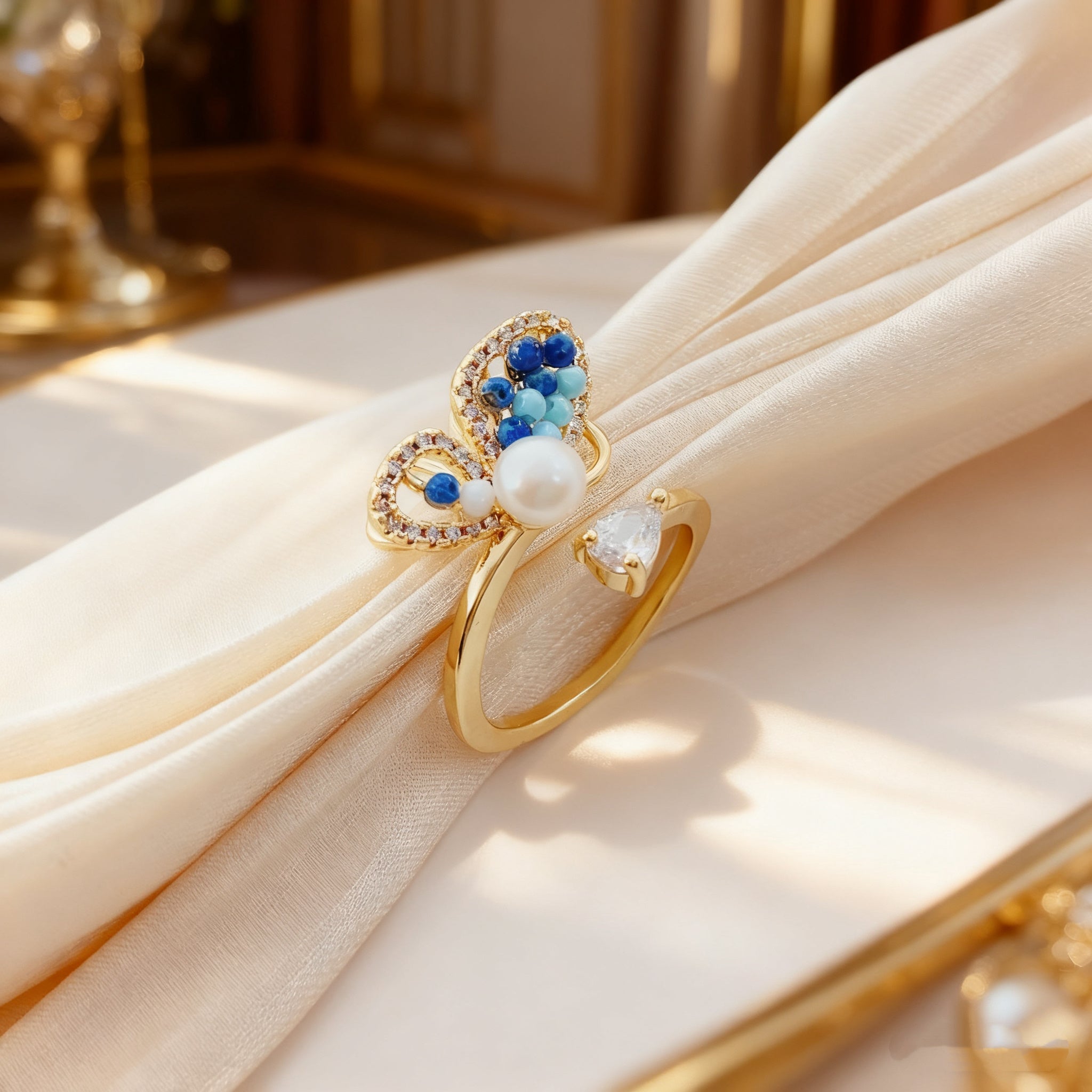 Ice Blue Butterfly Wing Pearl Ring - NaNaMaLa Boutique
